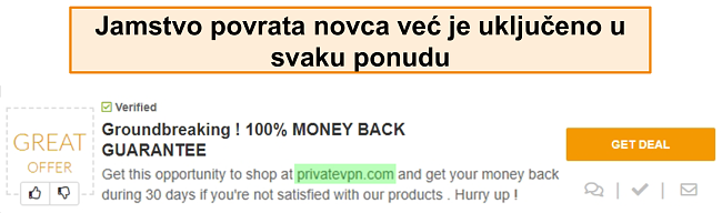 Snimka zaslona kupona PrivateVPN koji oglašava jamstvo povrata novca kao "dogovor"