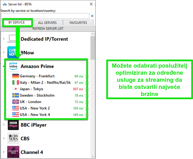 Snimka zaslona opcija poslužitelja za streaming za PrivateVPN