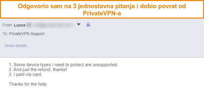 Snimka zaslona odgovora na zahtjev za povrat privatnog VPN putem e-pošte