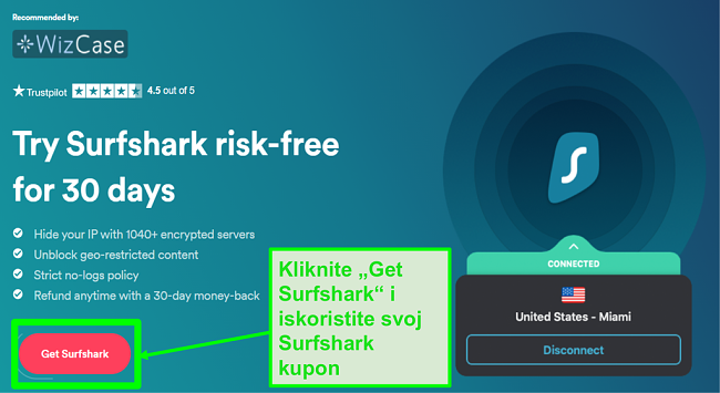 Snimka zaslona stranice tajnih ponuda kompanije Surfshark koja pokazuje kako položiti pravo na kupon za Surfshark