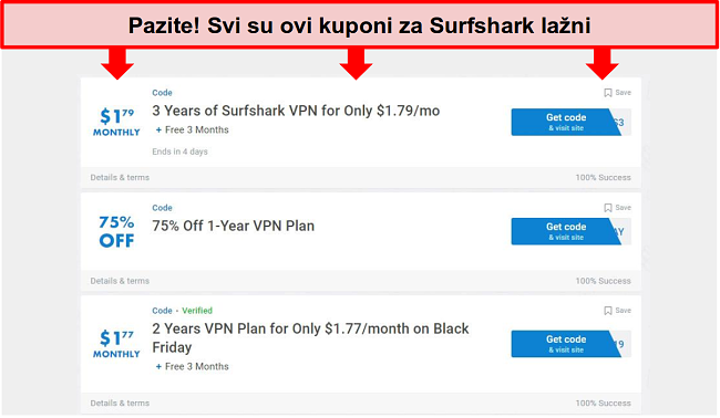 Snimka zaslona lažnih kupona Surfshark