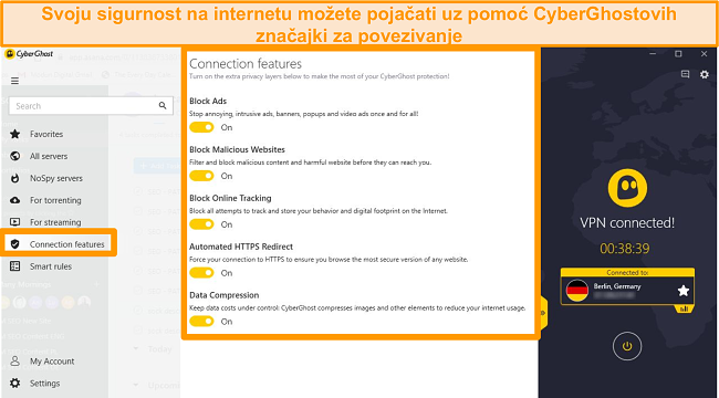 Snimka zaslona značajki veze CyberGhost za poboljšanje mrežne sigurnosti