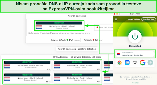 Snimka zaslona rezultata testa curenja ExpressVPN-a