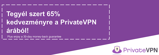 Egy működő PrivateVPN kupon grafikája, amely 65% -os kedvezményt kínál 30 napos pénz-visszafizetési garanciával