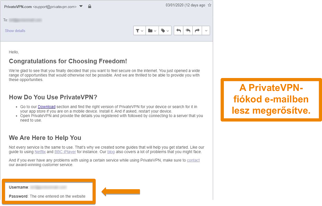 Pillanatkép a PrivateVPN e-mail megerősítéséről a regisztráció után