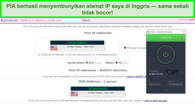 Tangkapan layar hasil uji kebocoran IP dengan PIA yang terhubung ke server AS.