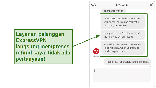 Tangkapan layar permintaan pengembalian dana ExpressVPN melalui obrolan langsung