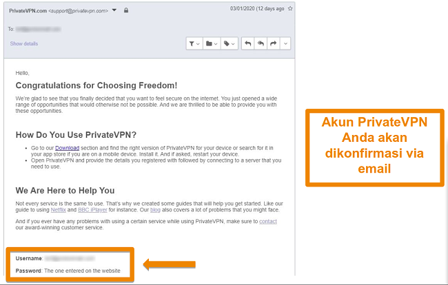 Cuplikan dari konfirmasi email PrivateVPN setelah pendaftaran