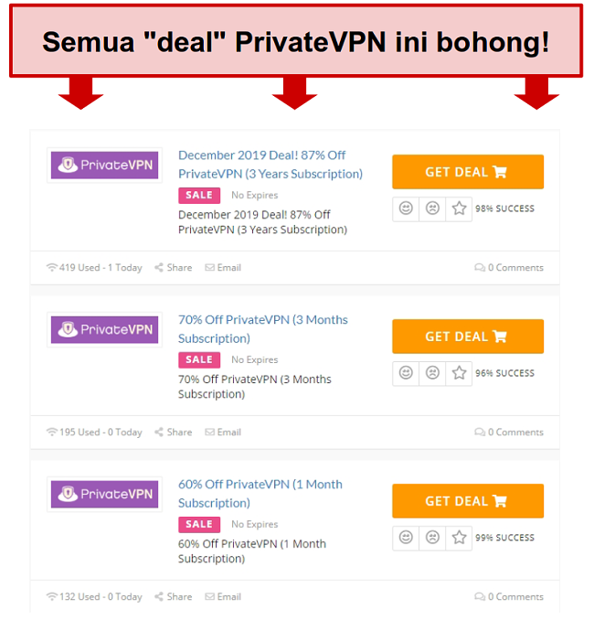 Cuplikan dari penawaran PrivateVPN dengan harga palsu