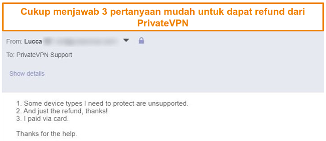 Cuplikan dari tanggapan yang meminta pengembalian dana PrivateVPN melalui email