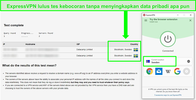 Tangkapan layar dari ExpressVPN yang lulus uji kebocoran DNS saat tersambung ke server Swedia