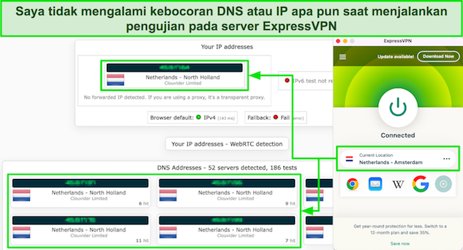 Tangkapan layar hasil uji kebocoran ExpressVPN