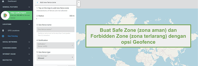 Tangkapan layar Zona Aman dan Zona Terlarang dengan opsi Geofence