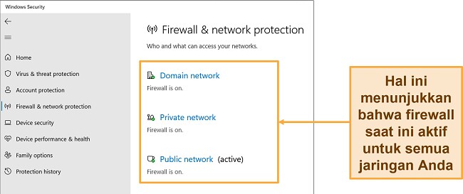Cuplikan layar aplikasi Keamanan Windows menunjukkan status perlindungan Firewall & jaringan