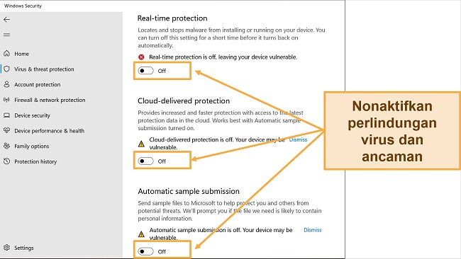 Cuplikan layar aplikasi Windows Security menunjukkan perlindungan Virus dan ancaman dimatikan