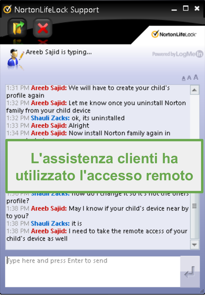 Connessione remota dell'assistenza clienti Norton Family