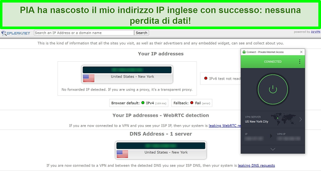 Screenshot dei risultati del test di tenuta IP con PIA connesso a un server statunitense.