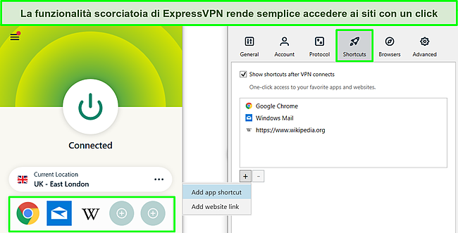 Screenshot dell'app Windows di ExpressVPN con la funzione Scorciatoie evidenziata e il menu delle opzioni aperto.