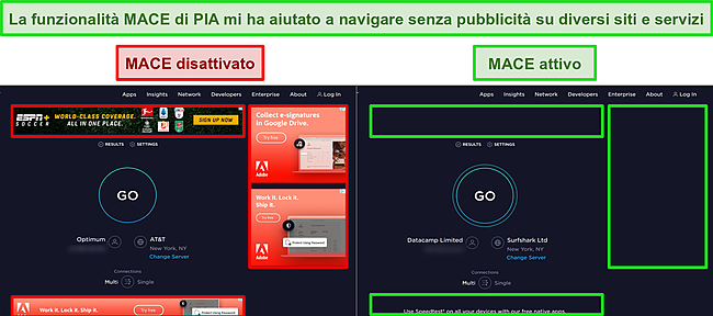 Screenshot dei siti Web di Ookla con la funzione MACE di PIA disattivata e attivata, evidenziando la differenza nel numero di annunci visualizzati su ciascuna pagina.