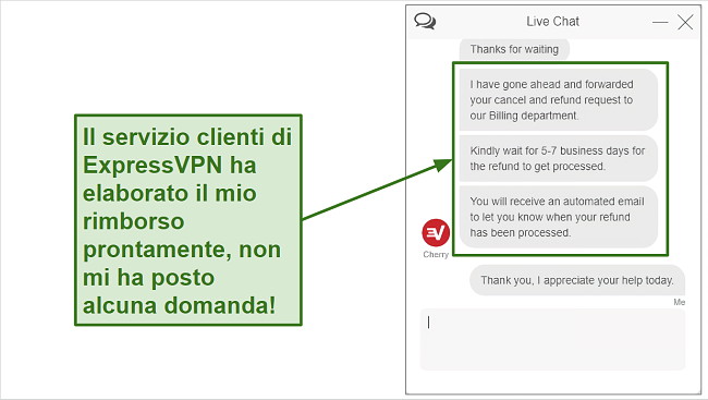 Screenshot of ExpressVPN refund request over live chat.