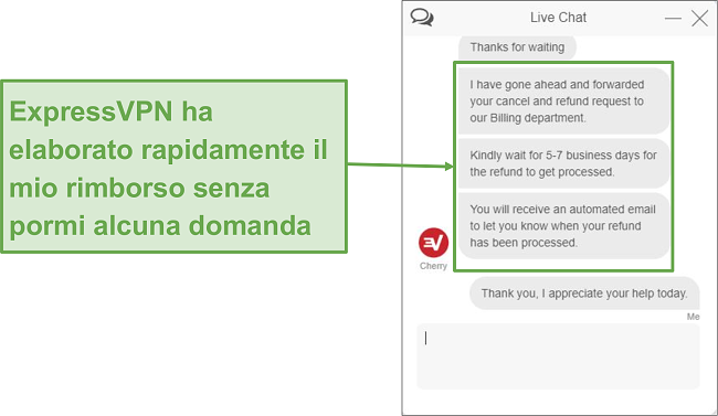 Screenshot della richiesta di rimborso tramite live chat.
