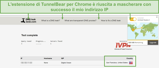 Screenshot dei risultati del test di tenuta DNS quando connesso a TunnelBear.