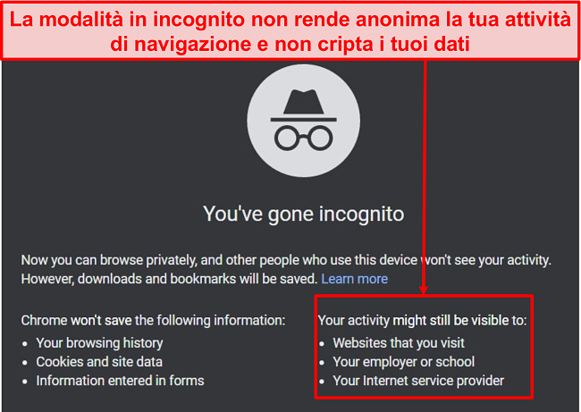 Screenshot delle notifiche in modalità in incognito.