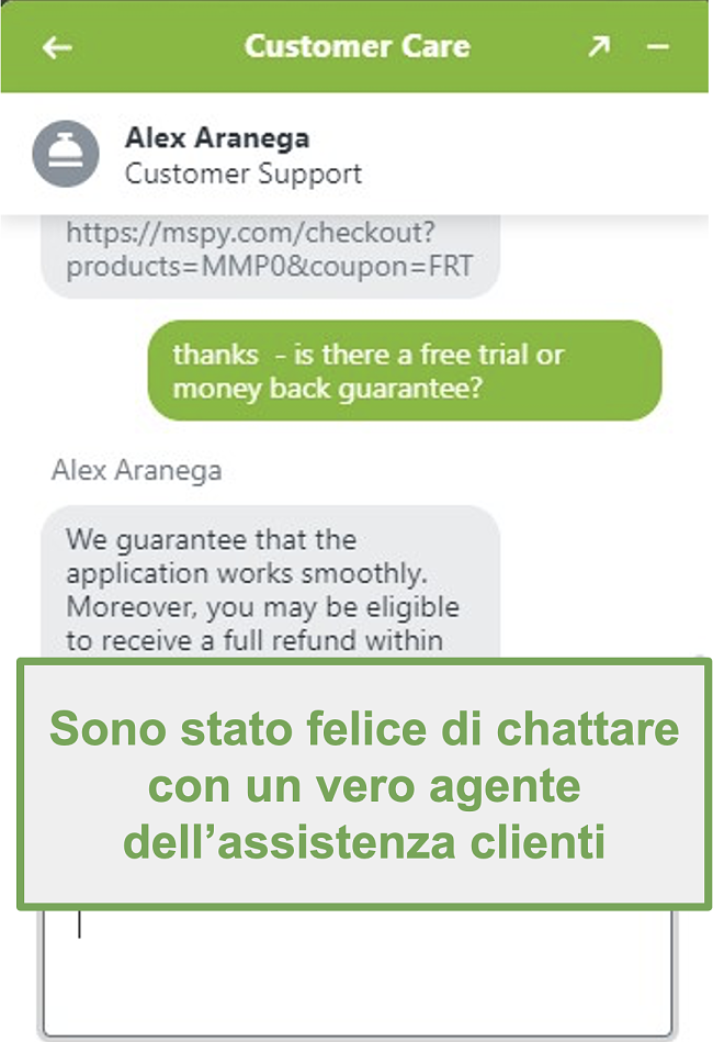 Screenshot della chat con un vero agente dell'assistenza clienti