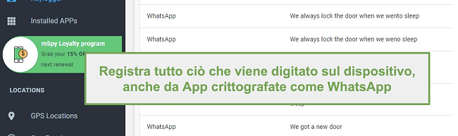 Screenshot dei registri di app crittografate come WhatsApp