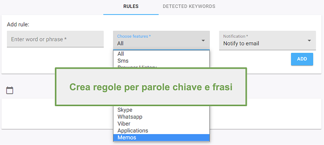 Screenshot delle regole per parole chiave e frasi