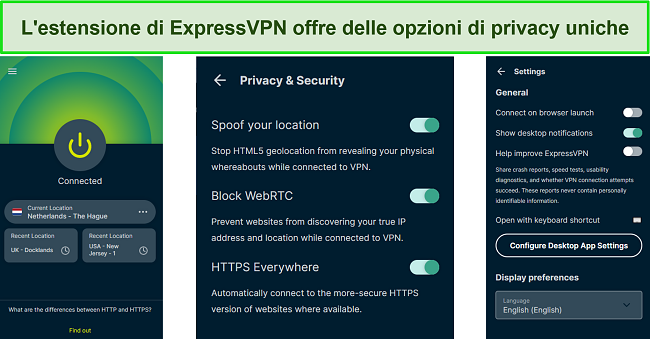 Screenshot dell'estensione Chrome di ExpressVPN e delle sue impostazioni di sicurezza.