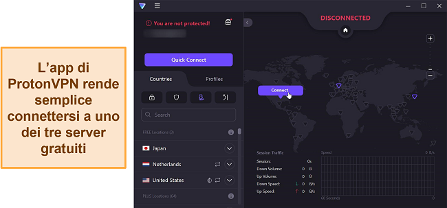 Screenshot della panoramica del server di Proton VPN che mostra le sue 3 opzioni server gratuite.