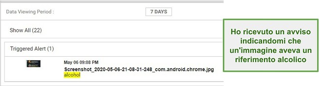 Screenshot degli avvisi di WebWatcher dalle immagini