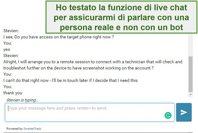 Screenshot dell'assistenza clienti di Webwatcher