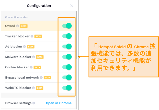 HotSpotShieldのChrome拡張機能のセキュリティ機能のスクリーンショット。