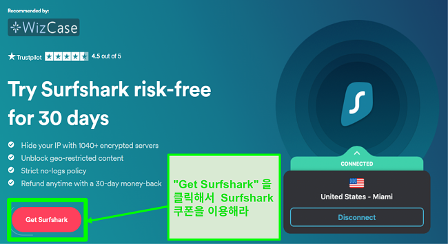 Surfshark 쿠폰을 신청하는 방법을 보여주는 Surfshark의 비밀 거래 페이지 스크린 샷