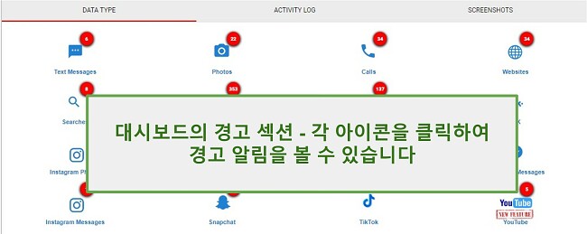 WebWatcher 경고 섹션의 스크린샷