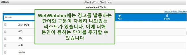 Webwatcher 경고 단어의 스크린샷