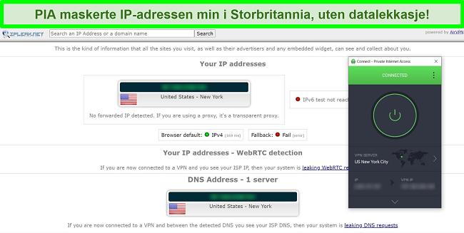 Skjermbilde av IP-lekkasjetestresultater med PIA koblet til en amerikansk server.