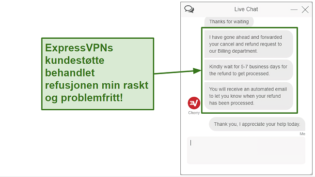 Skjermbilde av anmodning om tilbakebetaling av ExpressVPN over live chat