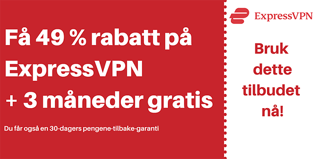 ExpressVPN-kupong for 49% avslag og 3 måneder gratis med 30-dagers pengene-tilbake-garanti