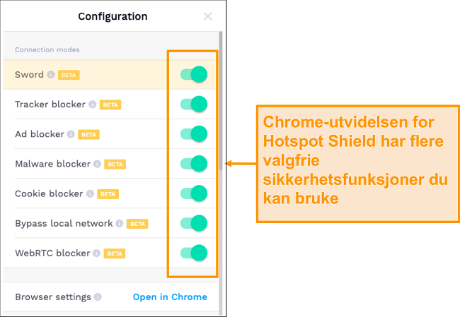 Skjermbilde av HotSpot Shields sikkerhetsfunksjoner for Chrome-utvidelse.