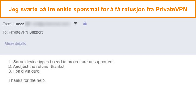 Skjermbilde av svar for å be om en PrivateVPN-refusjon via e-post