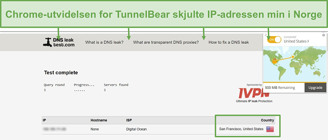 Skjermbilde av DNS-lekkasjetestresultater når den er koblet til TunnelBear.