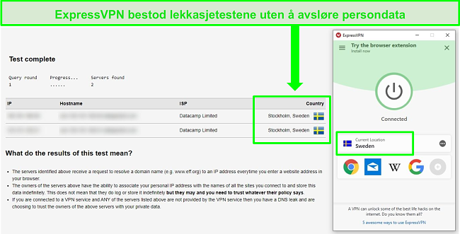 Skjermbilde av ExpressVPN som har bestått en DNS-lekkasjetest mens den er koblet til svenske servere