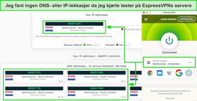 Skjermbilde av ExpressVPNs lekkasjetestresultater