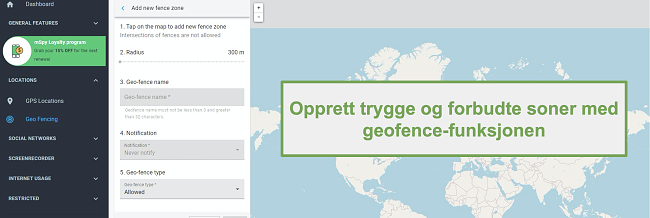 Skjermbilde av Safe Zones og Forbidden Zones med Geofence-alternativet