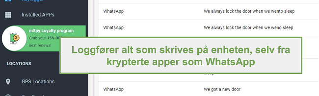 Skjermbilde av logger fra krypterte apper som WhatsApp