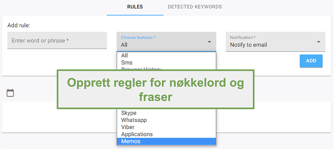 Skjermbilde av regler for nøkkelord og uttrykk