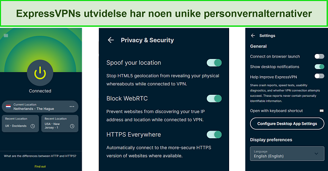 Skjermbilde av ExpressVPNs Chrome-utvidelse og sikkerhetsinnstillingene.